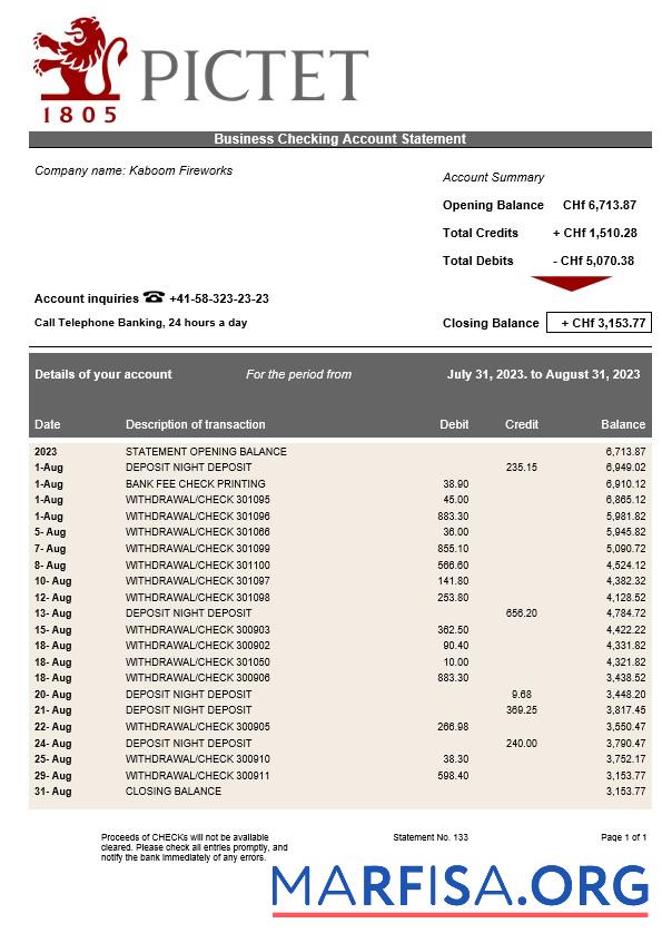 Printable Pictet Bank firm account statement Word and PDF template